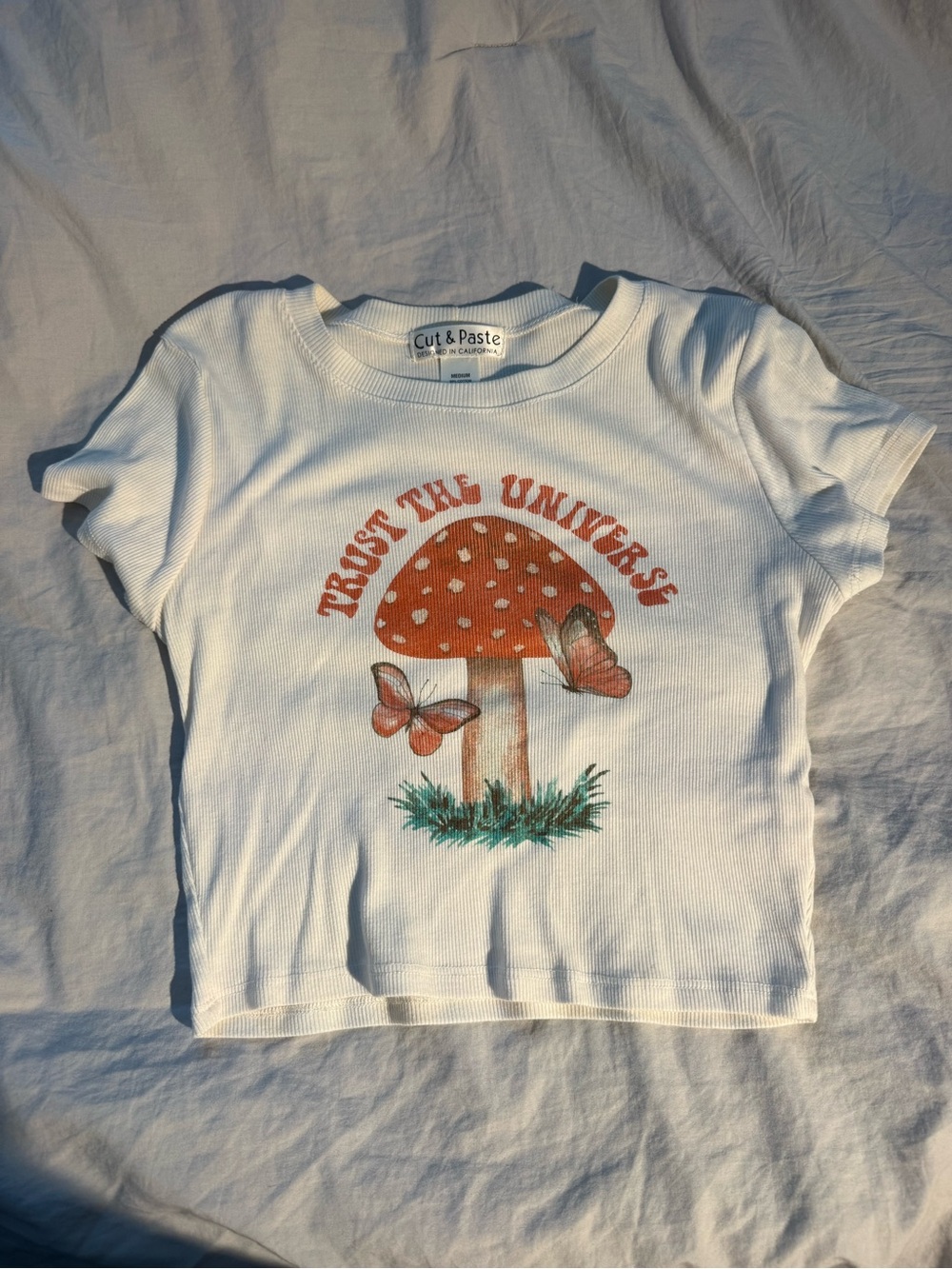 White Baby Tee with Mushroom Graphic